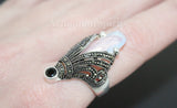 Marcasite silver ring with black stone and white topaz with blue tint