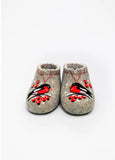 A pair of gray authentic merino wool slippers booties decorated with embroidered birds and red berries, shown on a plain white background.