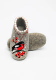 A pair of gray felt slipper boots decorated with a red-breasted bird and red berries, shown on a plain white background.
