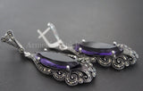 Long peacock tail luxury royal style earrings with rich marcasite and purple transparent gemstone with title Armenian Spirit.