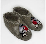 Pair of slippers with bird designs on a gray background