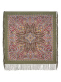Decorative wrapping shawl with intricate paisley pattern on a green background. Buy a khaki and beige woolen shawl with fringe, designed for comfort and elegance. Warm, soft, and non-prickly, it is perfect for daily wear.