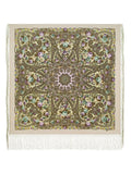 Wrapping throw shawl with Slavic floral pattern and tassels on a beige background