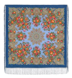 Decorative scarf with floral and paisley patterns on a blue background