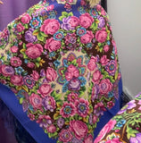 Extra large Slavic shawl with pink peony on light blue base.  Made of merino wool and silky fringe.