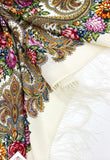 Colorful Slavic floral and peony patterned fabric with white fringes