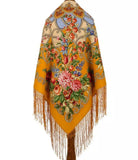 Colorful peony floral-patterned shawl with long fringes for Slavic dancers on a white background