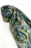 Roll of shawl with a green and gold paisley pattern in teal and turquoise colors with field flowers on a white background.