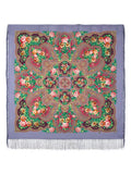 Decorative woolen Slavic scarf with floral and paisley patterns on a light purple background