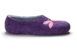 A single purple felt slipper with a pink dragonfly applique on the side.