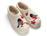 Sheep wool natural slippers home shoes with bullfinch and rowan berry embroidery.
