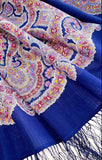 Blue and multicolor patterned blue fringed shawl with silky fringe
