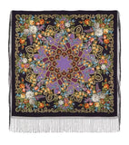 Square woolen shawl like cashmere with vintage  floral and paisley patterns on a black background with fringes.