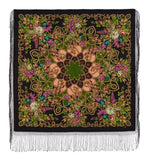 Square vintage women`s shawl made of cashmere like merino wool, green with peony flowers scarf, intricate patterns and silky fringes on a black background.