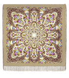 Square scarf with floral and paisley patterns on a beige background