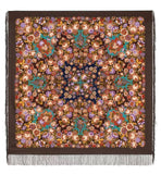 Floral patterned square shawl with  silky fringe and big vintage beige and purple flowers. The shawl is made of merino wool.