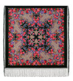 Decorative wrapping shawl with red roses floral and herbal pattern on a black background with silky fringe.