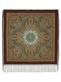 Decorative wrapping square scarf with intricate paisley teal pattern on a brown background