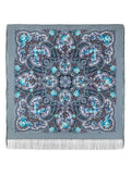 Gray scarf with intricate paisley pattern and blue accents on a white background