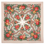 Vintage peony orange and yellow floral and paisley patterned Slavic merino wool square shawl with a beige background