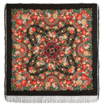 A black merino wool shawl in authentic Slavic style, decorated with retro peony motifs in vibrant red and yellow. Extra large and ideal for wrapping, it is finished with a smooth silky fringe for timeless appeal.