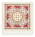 Floral patterned white Slavic scarf with red flowers and white background