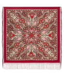Red and beige patterned scarf with fringes on a white background. Perfectly will suit for flamenco Spanish dance as the shawl is large and silky fringed.