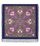 Square scarf with peony and lily patterns on a purple background with navy blue edges.