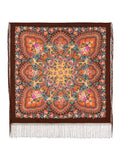 Square wrapping scarf with intricate peony floral and paisley patterns on a brown background with silky fringe. The shawl is made of merino wool in Slavic style.