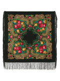 Decorative scarf with floral and paisley patterns on a black. The natural sheep wool displays rich peony florals in red and goldish yellow against a classic black base.