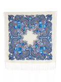 Scarf with blue floral and paisley pattern on a white background