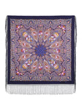 Decorative scarf with intricate patterns and fringes on a white background