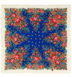 Floral patterned blue and red floral merino wool square shawl in Slavic style with a white background