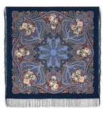 Decorative square scarf with floral and paisley patterns on a blue base with silky fringe in Slavic style.
