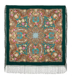 Decorative square woolen shawl with intricate vintage rose flowers and ethnic Slavic patterns on a teal background