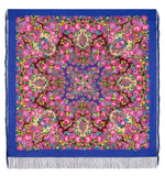 Extra large wrapping shawl in blue with pink vintage flowers. The shawl is made of merino wool and silky fringe.