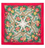 Floral patterned Slavic shawl with a red border on a white background