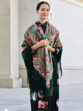 Warm and elegant, this sea-green merino wool shawl is decorated with vintage pink peonies and soft teal accents. A large, cozy wrap cashmere like warm wool that adds charm to any outfit.
