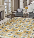 Living room with a patterned extra big yellow rug, chairs, and a fireplace. The rug has yellow color and it is suitable for cafe and restaurant.
