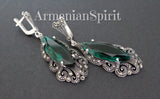 Luxury very beautiful earrings long with marcasite and emerald green oval gemstone with Armenian Spirit title.