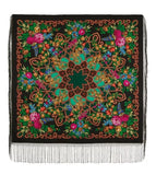 Extra large blanket-shawl in square shape with vintage Slavic floral patterns and fringe on a black background