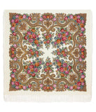 Woolen square scarf with floral and paisley patterns on a white background