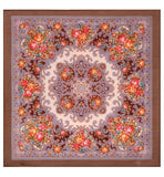 Small square peony vintage floral and paisley patterned shawl made from merino wool with a brown border.
