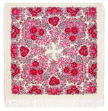 Large square scarf with fringes made of merino wool in beige, red and pink colors with rose flowers.