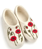 Buy Russian valenki with red poppy embroidery. These slippers are perfect gift for a woman, who loves warm woolen house shoes chuni. White and red slippers for indoor and outdoor.