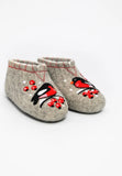 Slippers made from natural wool with rowanberry palm and bullfinch bird embroidery