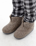 Gray slip-on woolen boots for men worn with checkered pants on a white background. The house boots slippers have very large size and width, they are suitable for men.