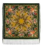 Woolen shawl green with intricate vintage floral and paisley Slavic patterns and white fringe.
