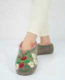 Sheep wool slippers Slavic style with strawberry embroidery