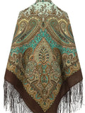 This traditional folk shawl in brown with bright turquoise ornaments is stunning. A woman wearing it looks naturally boho, stylish, and connected to Slavic ethnic traditions. A beautiful piece for everyday wear or special moments.